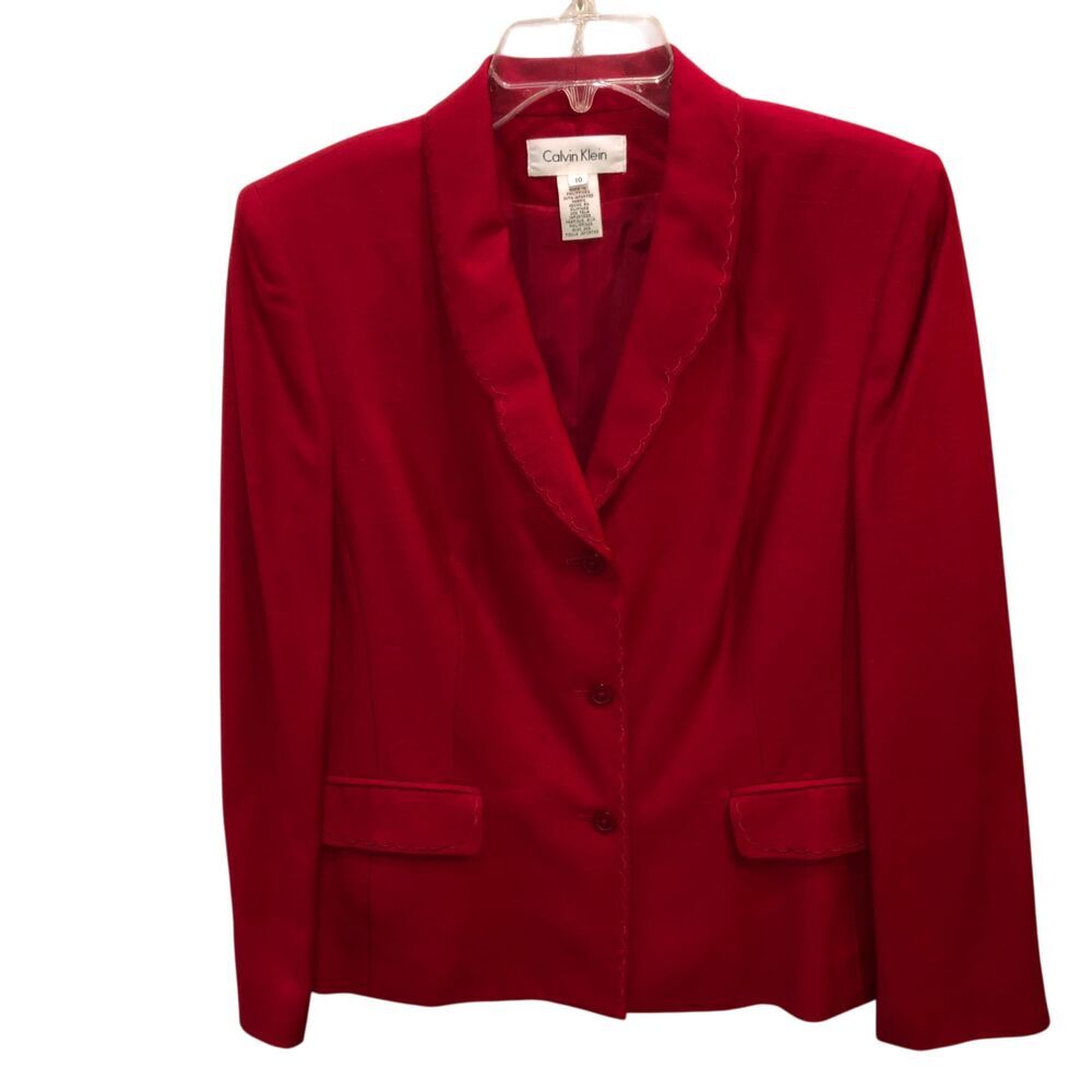 Calvin Klein Womens Size 10 Red 3 Button Pockets Blazer Jacket Coat Career Work